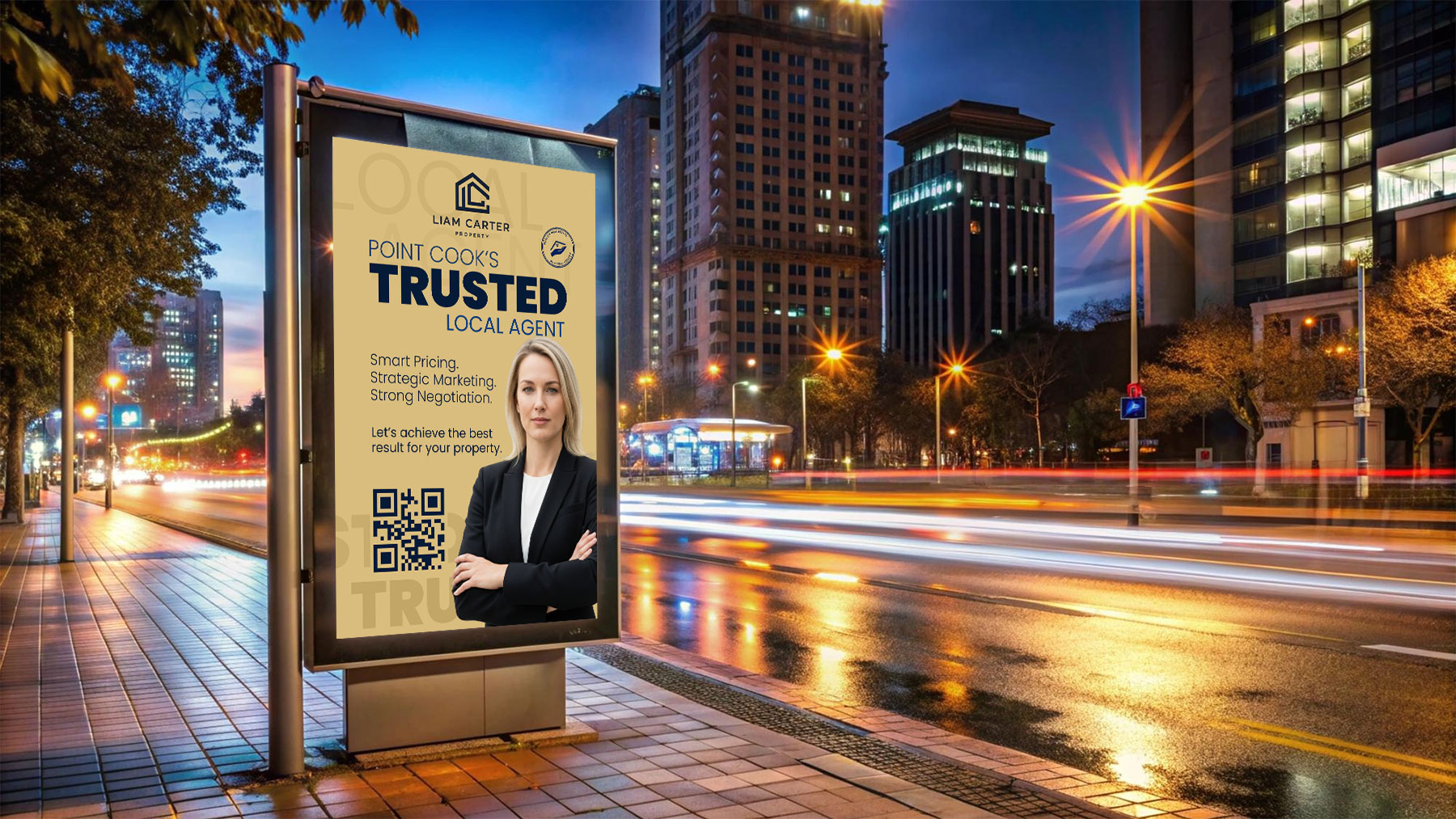 Digital billboard advertising in a city street at dusk