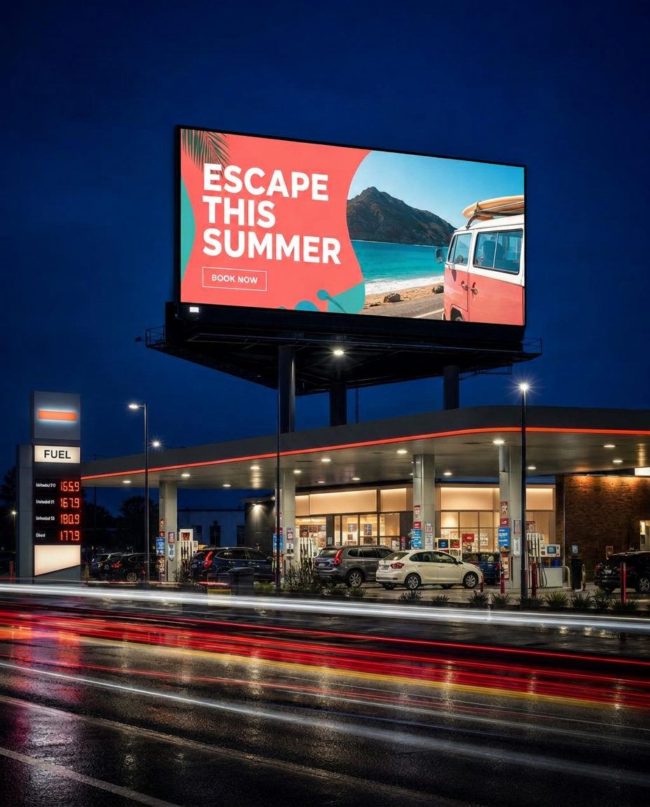 Large roadside digital LED billboard glowing above a service station at night