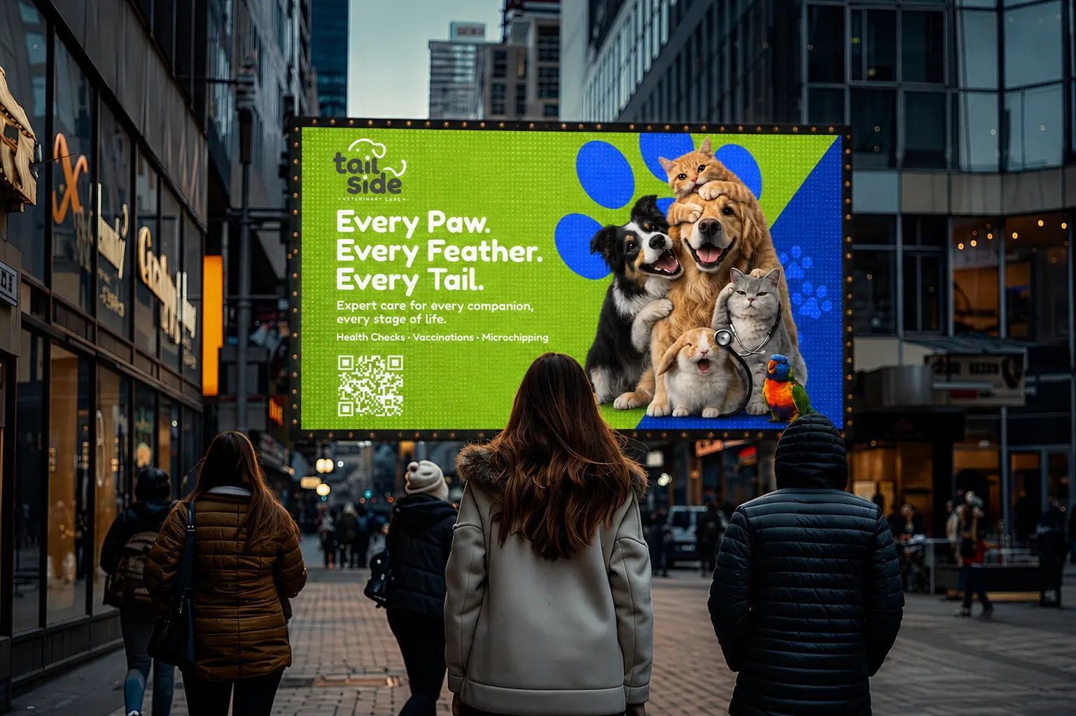 OOH billboard mockup for a veterinary brand in a busy city street