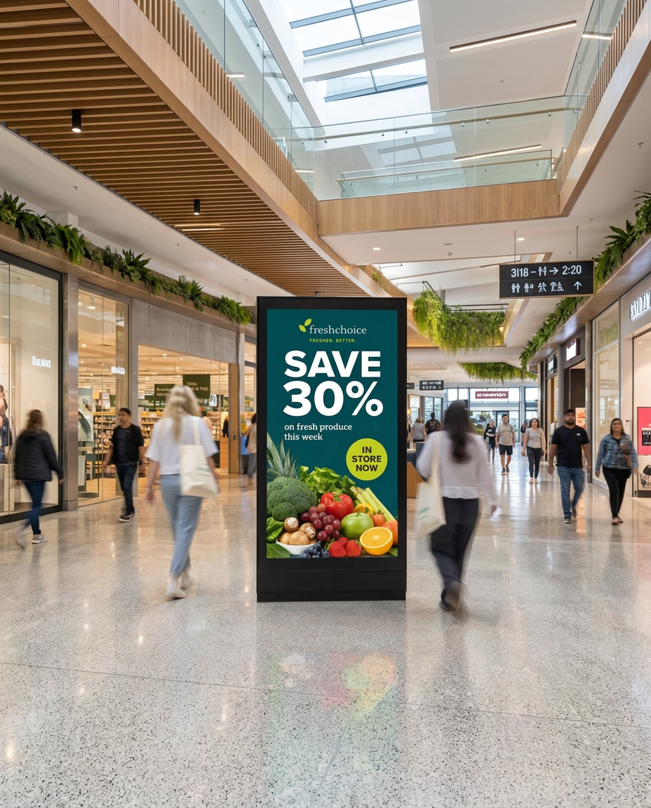 Digital advertising screen inside a busy Australian shopping centre